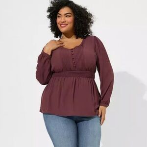 NWT Torrid Babydoll Georgette Pintuck Long Sleeve Blouse